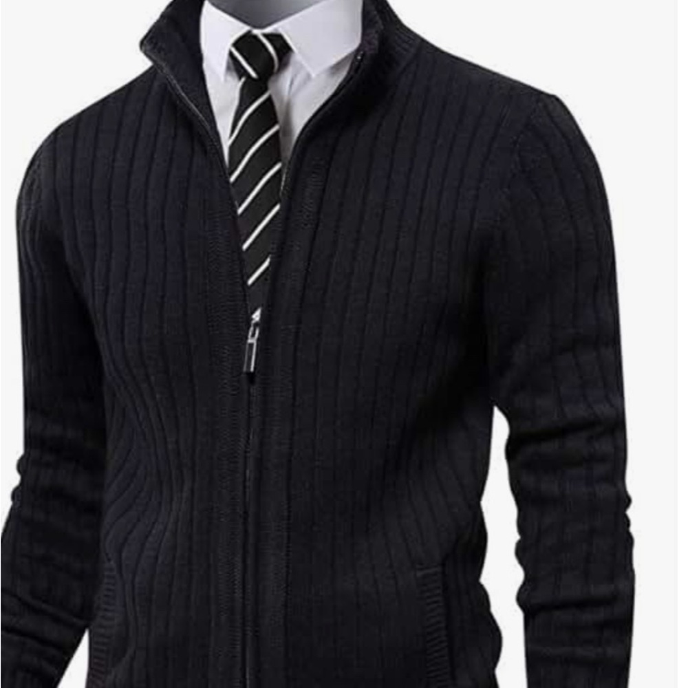 Men's Elegant Black Zip-Up Sweater with leather zipper pull